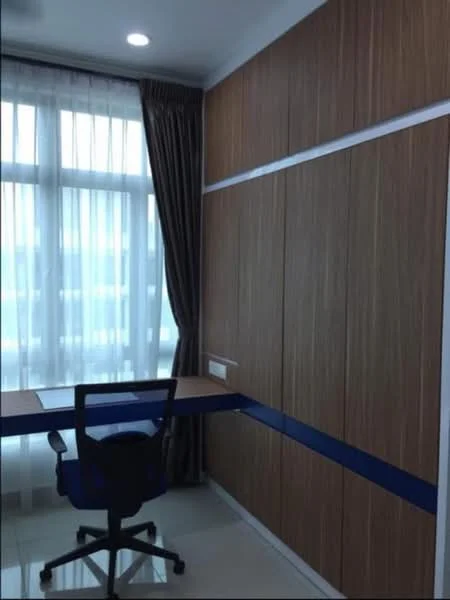 Study features: wood panelled walls, white painted walls, floor-to-ceiling windows, sheer curtains, modern desk, ergonomic office chair, glossy tile flooring, recessed downlights; style: modern.