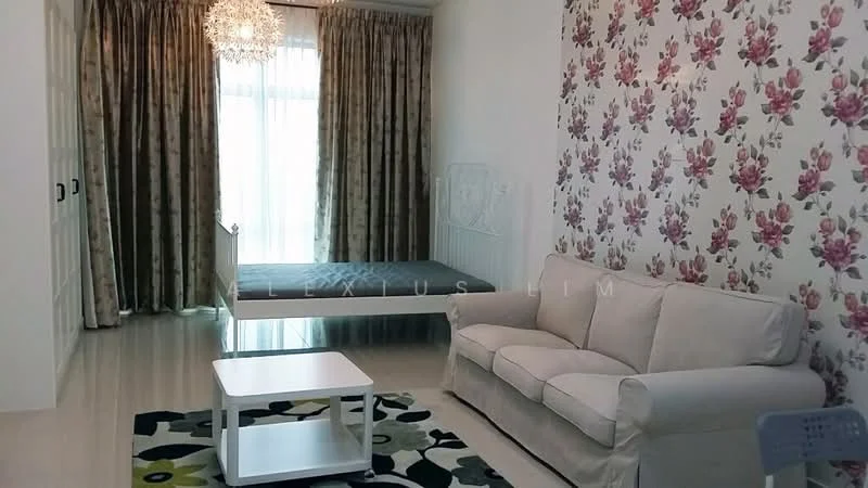 Living features: beige fabric sofa, white coffee table, floral wallpaper, floor-to-ceiling windows, sheer curtains, decorative area rug with geometric pattern, light fixture with multiple bulbs, light-colored laminate flooring; style: modern.