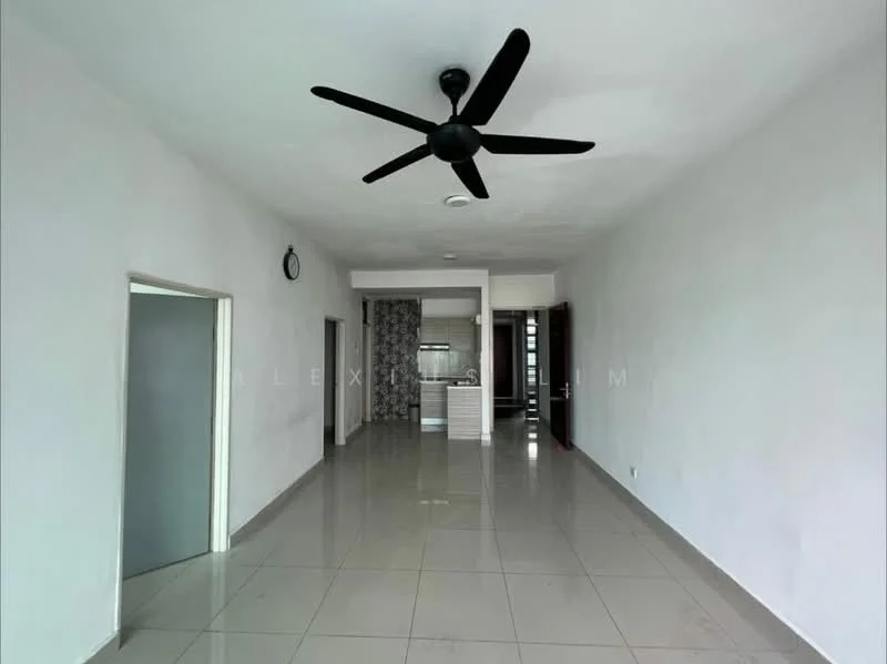 Living features: white painted walls, polished ceramic tile flooring, 5-blade ceiling fan in black, wall clock, open layout, large windows, neutral decor, no visible furniture; style: modern. Kitchen features: white cabinetry, kitchen island, grey patterned backsplash, stainless-steel appliances, open to living area; style: modern.