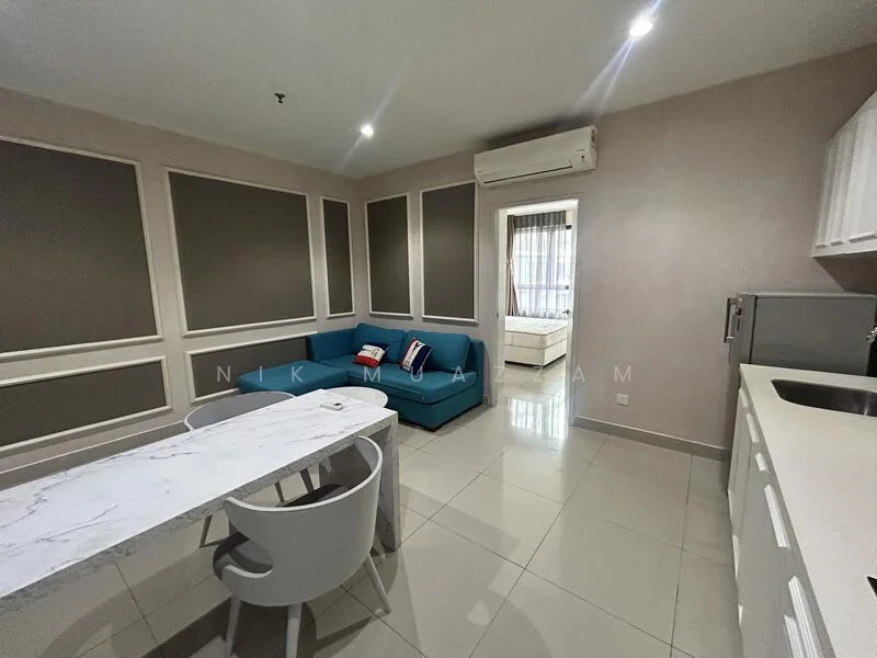Living features: grey accent wall, white painted walls, marble dining table, 4 white dining chairs, blue fabric sofa, recessed downlights, wall-mounted air conditioning unit, glossy tile flooring; style: modern. Room features: white cabinetry, stainless-steel sink, kitchen countertop, doorway leading to another room.