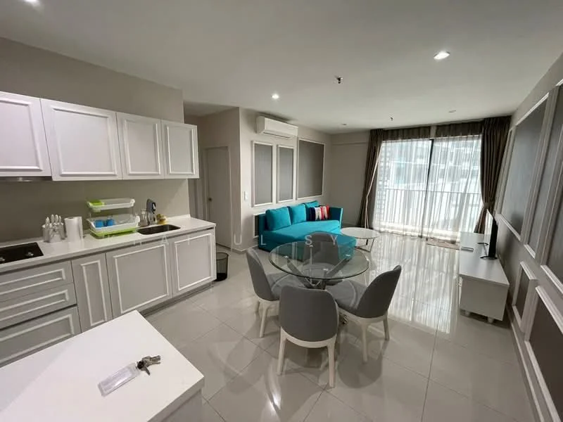 Living features: light grey walls, white cabinetry, white countertops, glass dining table, 4 grey upholstered dining chairs, turquoise fabric sofa, floor-to-ceiling windows, sheer curtains, polished tile flooring, recessed downlights, TV console, decorative wall paneling, air conditioning unit; style: modern.