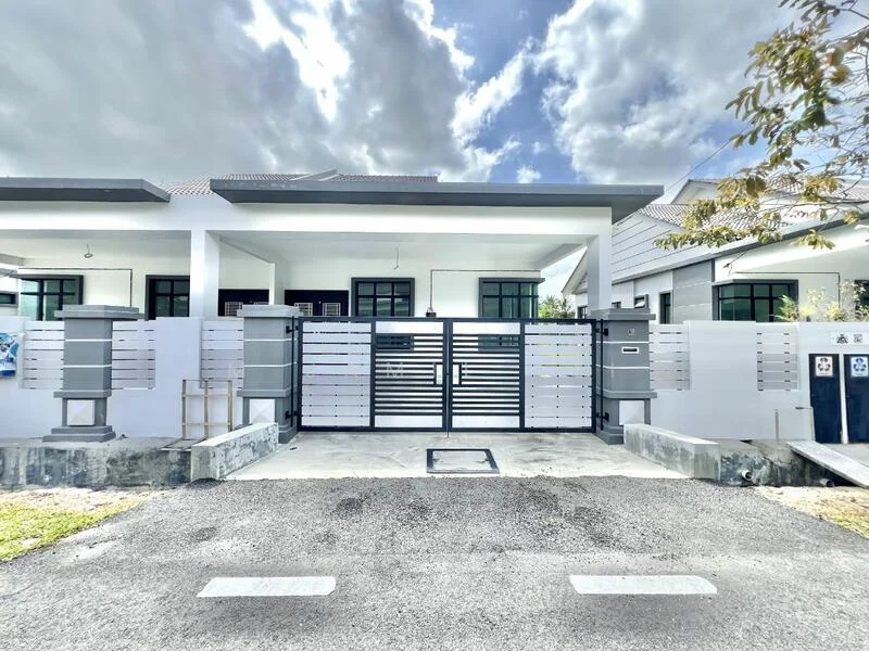 Exterior type: linked terrace house; features: white painted facade, metal gate, concrete driveway, manicured lawn, grey stone cladding, multiple mailboxes, front porch area, two-storey structure, large windows, roof overhang; style: modern.