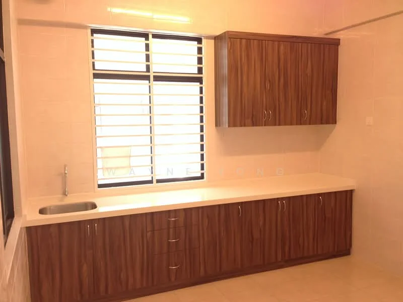 Kitchen features: single-bowl stainless-steel sink, chrome faucet, laminate countertop in cream, wood cabinetry with brown finish, upper cabinets with handles, lower cabinets with handles, tile backsplash, cream tiled flooring, window with horizontal slats; style: modern.