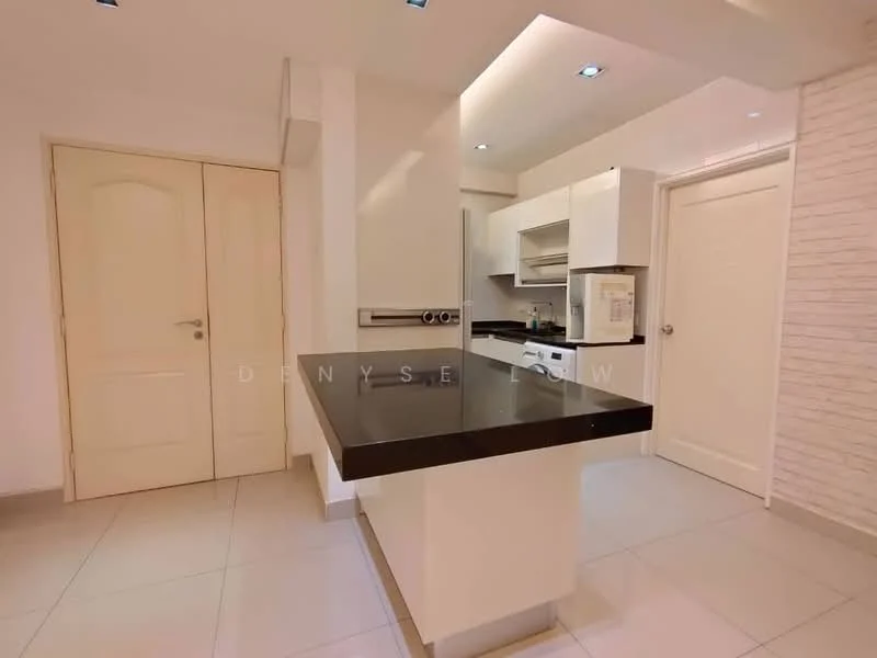 Kitchen features: black granite countertop, white cabinetry, built-in oven, stainless-steel fridge, stainless-steel sink, chrome pull-down faucet, tile flooring, white painted walls, recessed downlights, open shelving, wall-mounted cabinets, sliding door to pantry, modern kitchen island; style: modern.