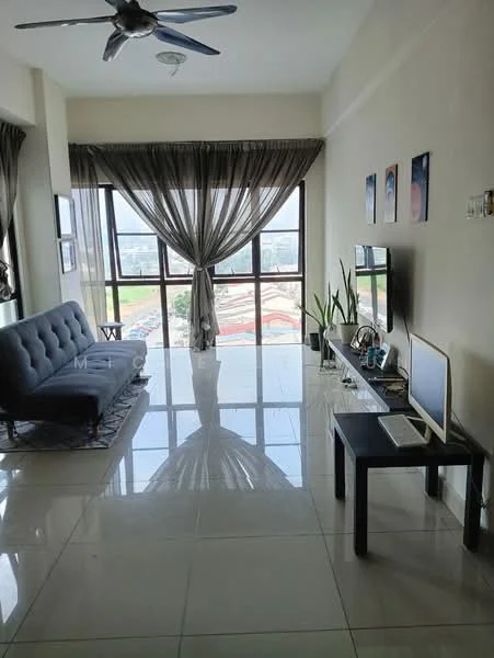 Living features: grey fabric sofa, glass coffee table, TV console, wall-mounted TV, floor-to-ceiling windows, sheer curtains, recessed downlights, polished tile flooring, decorative wall art, indoor plants, ceiling fan; style: modern; view: city.
