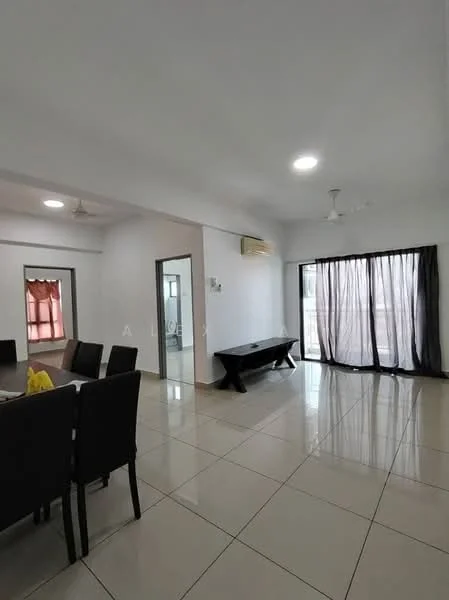 Living features: white painted walls, glossy ceramic tile flooring, 5-blade ceiling fan with light, recessed downlights, floor-to-ceiling windows, blackout curtains, dining table with chairs, side table, air conditioning unit; style: modern. Room features: white painted walls, glossy ceramic tile flooring, door to another room, window with sheer curtains.