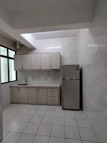 Kitchen features: white tiled walls, light grey cabinetry, stainless-steel fridge, single-bowl stainless-steel sink, chrome pull-down faucet, white tiled flooring, window with black frame, ceiling light, countertop with backsplash; style: modern.