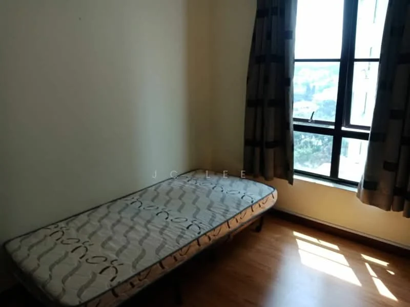 Bedroom features: single bed frame, mattress, wooden flooring, cream painted walls, floor-to-ceiling window, curtains with geometric pattern, natural light from window; view: city.
