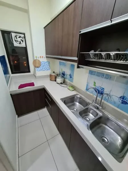 Kitchen features: L-shaped kitchen layout, double-bowl stainless-steel sink, chrome pull-down faucet, light-colored countertop, dark wood cabinetry, open shelving above sink, tile backsplash with blue design, white ceramic tile flooring, window with sheer curtains, kitchen utensils on countertop, small potted plant; style: modern; view: city.