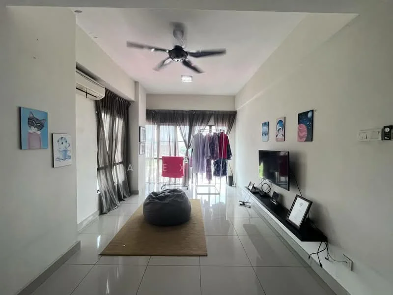 Living features: white painted walls, grey tiled flooring, 5-blade ceiling fan with light, floor-to-ceiling windows, sliding glass door, sheer curtains, wall-mounted TV, TV console, bean bag chair, area rug, decorative artwork on walls, hanging clothes rack; style: modern; view: city.