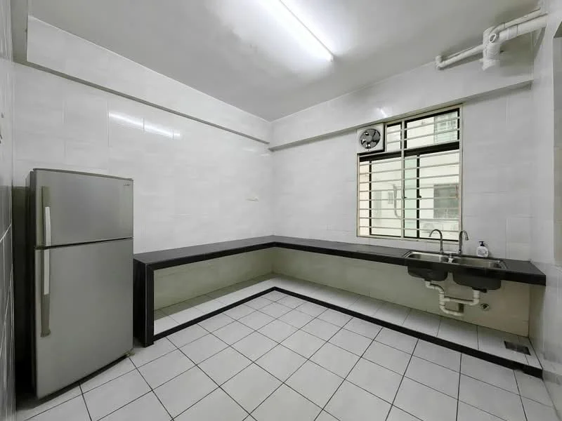 Kitchen features: stainless-steel fridge, black countertop, single-bowl stainless-steel sink, chrome pull-down faucet, white tiled walls, white tiled flooring, window with metal grille, under-sink plumbing, fluorescent ceiling light; style: modern.