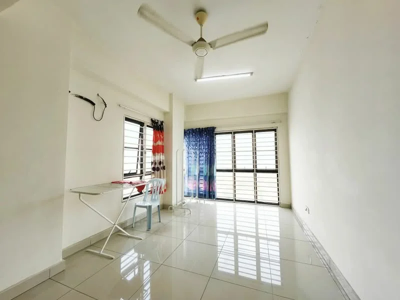 Room features: white painted walls, glossy ceramic tile flooring, ceiling fan, large windows with horizontal slats, blue sheer curtains, folding table, single chair, clothes rack, bright natural light; style: modern; view: city.