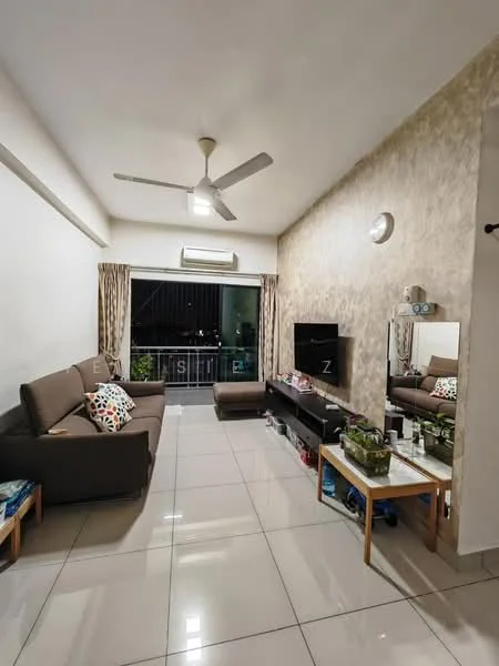 Living features: 3-seater fabric sofa in brown, ceiling fan, wall-mounted TV, TV console, coffee table, decorative mirror, floor-to-ceiling windows, curtains, tile flooring, air conditioning unit, wall sconce, decorative wall with textured finish, area rug; style: modern; view: city.