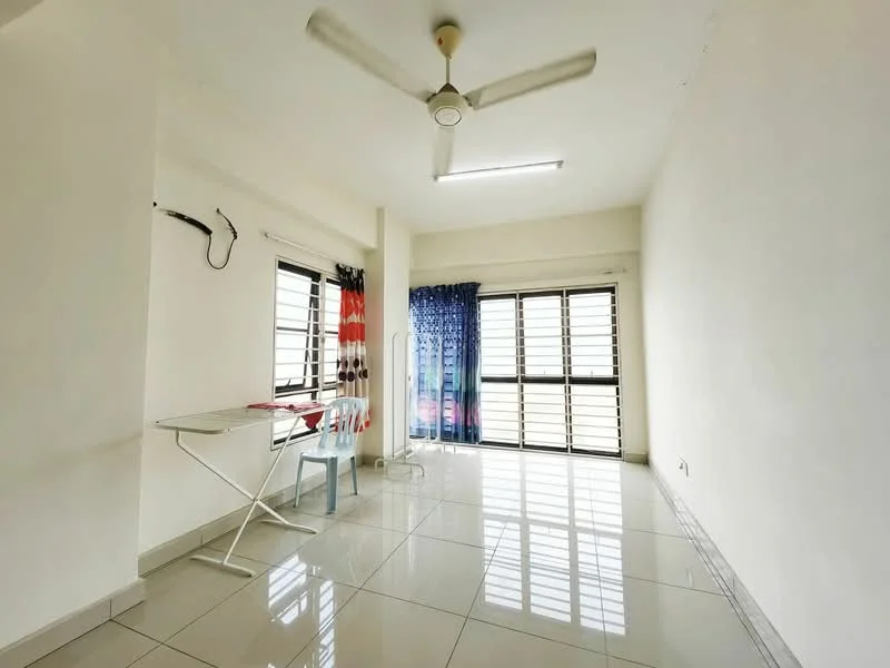 Room features: white painted walls, glossy ceramic tile flooring, ceiling fan, large windows with horizontal slats, blue curtains, folding table, single chair, natural light from windows; style: minimalist.
