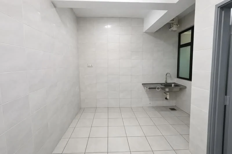 Laundry features: white tiled walls, white tiled flooring, single-bowl stainless-steel sink, chrome faucet, window for natural light, drainage outlet on floor.