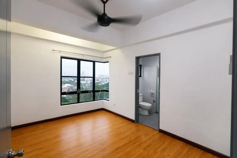 Room features: light wood laminate flooring, white painted walls, ceiling fan, floor-to-ceiling windows, city view, doorway leading to bathroom, window treatments, no visible furniture; style: modern; view: city.