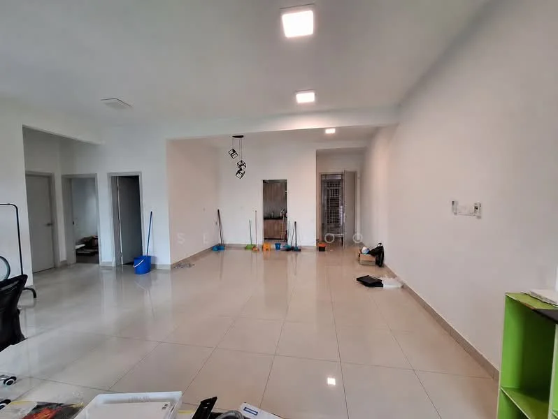 Room features: white painted walls, glossy ceramic tile flooring, recessed LED downlights, multiple doorways, clean and uncluttered space, no visible furniture, large open area, neutral color scheme; style: modern.