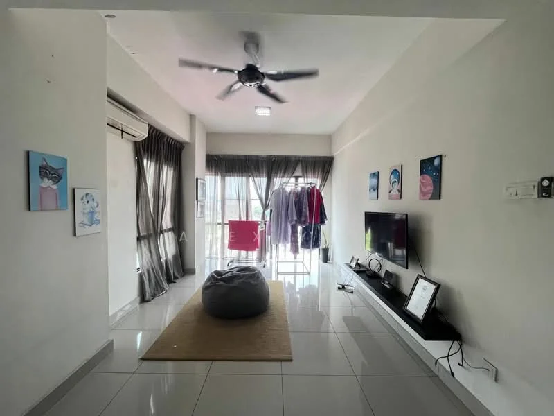 Living features: white painted walls, grey tiled flooring, 5-blade ceiling fan with light, floor-to-ceiling windows, sheer curtains, TV console, wall-mounted TV, bean bag chair, area rug, decorative artwork on walls, hanging clothes rack, sliding glass door to balcony; style: modern; view: city.