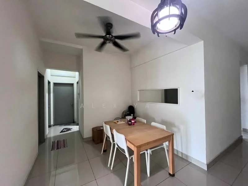 Dining features: dining table with wooden surface, 4 white dining chairs, ceiling fan, recessed downlights, grey walls, glossy tile flooring, wall-mounted mirror, open space leading to hallway; style: modern. Room features: grey painted walls, doorway leading to hallway, tile flooring.