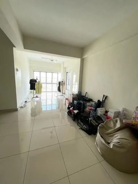 Room features: white painted walls, glossy ceramic tile flooring, ceiling fan, large windows with horizontal slats, natural light from windows, various bags and boxes stored, bean bag chair, clothes hanging on rack.