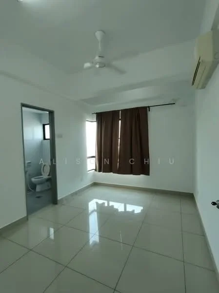 Room features: white painted walls, grey tiled flooring, ceiling fan, window with sheer curtains, air conditioning unit, brown curtain, door to bathroom, natural light from window; style: modern.