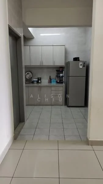 Kitchen features: grey cabinetry, stainless-steel fridge, ceramic tile flooring, white walls, countertop with backsplash, sink, kitchen appliances visible, open layout; style: modern.