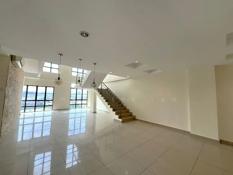 Room features: large floor-to-ceiling windows, white painted walls, polished ceramic tile flooring, staircase with wooden steps, hanging pendant lights, exposed brick wall, high ceiling, open layout, natural light from windows, neutral color palette; style: modern; view: city.