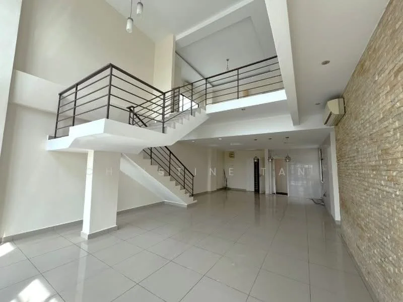Room features: open layout, high ceiling, white painted walls, light-colored tile flooring, exposed brick wall, staircase with metal railing, recessed downlights, air conditioning unit, large windows for natural light, multiple pendant lights; style: modern.