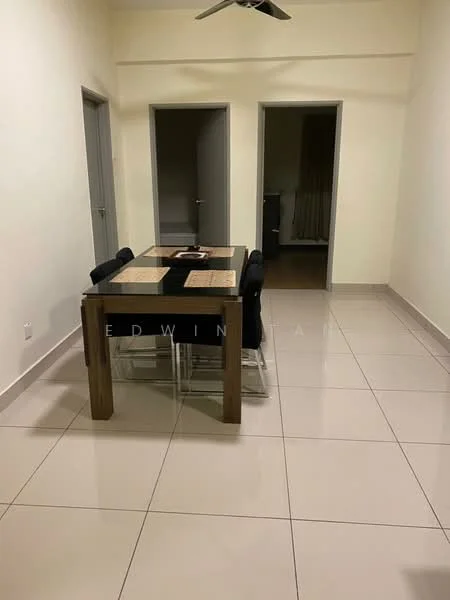 Dining features: dining table with black surface, 4 clear acrylic chairs, white painted walls, tile flooring, ceiling fan, two doorways leading to other rooms, decorative centerpiece on table; style: modern. Room features: white painted walls, tile flooring, doorway to another room.