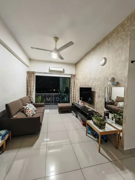 Living features: 2-seater fabric sofa in brown, 3-seater fabric sofa in brown, coffee table, TV console, wall-mounted TV, floor-to-ceiling windows, curtains, ceiling fan, recessed downlights, decorative mirror, tiles flooring, wall with textured finish; style: modern; view: garden.