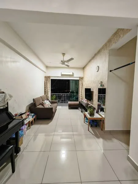 Living features: cream painted walls, white ceiling, 5-blade ceiling fan, floor-to-ceiling windows, sliding glass door, light-colored tile flooring, sofa in brown fabric, coffee table, TV console, decorative plants, curtains, wall clock; style: modern; view: city.