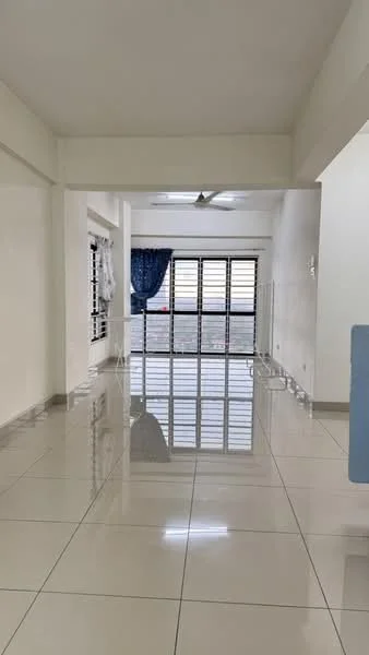 Room features: white painted walls, glossy ceramic tile flooring, ceiling with recessed downlights, floor-to-ceiling windows, blue sheer curtains, open layout, neutral color scheme, reflected light on floor; style: modern; view: city.