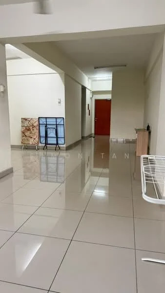 Room features: glossy tile flooring, white painted walls, ceiling lights, wooden cabinet, red door, metal shelving unit, laundry drying rack, fire extinguisher, wall-mounted electrical outlets; style: modern.