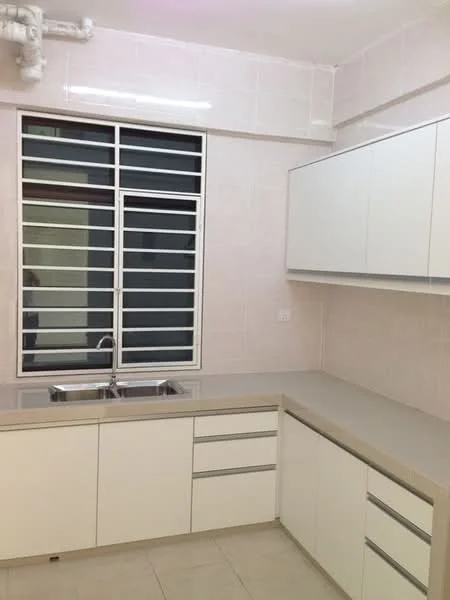Kitchen features: white cabinetry, grey countertop, double-bowl stainless-steel sink, chrome pull-down faucet, tile backsplash, wall-mounted window with metal grille, under-cabinet lighting, ceramic tile flooring, exposed plumbing, built-in cabinets; style: modern.