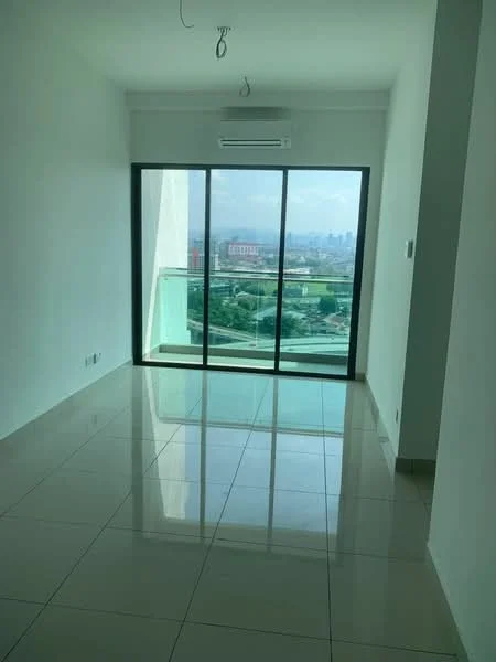 Room features: white painted walls, glossy ceramic tile flooring, floor-to-ceiling windows, sliding glass door, air conditioning unit, city view; style: modern; view: city.