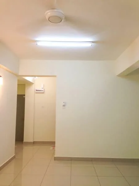 Room features: white painted walls, glossy ceramic tile flooring, ceiling light fixture, wall-mounted split AC, neutral color scheme, doorway leading to another room, light switch, recessed ceiling lights; style: modern.