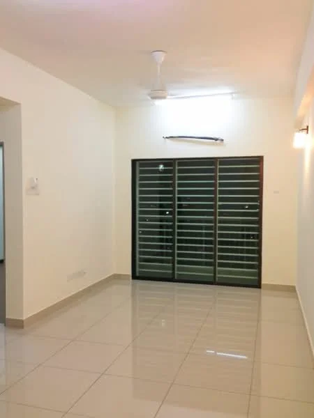 Room features: white painted walls, glossy ceramic tile flooring, ceiling fan, wall-mounted light fixture, glass sliding door with metal frame, neutral color scheme, recessed ceiling lights; style: modern.