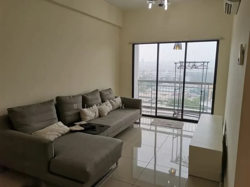 Living features: grey fabric L-shape sectional sofa, decorative cushions, glass coffee table, white TV console, floor-to-ceiling windows, city view, recessed downlights, polished tile flooring, air conditioning unit; style: modern; view: city.