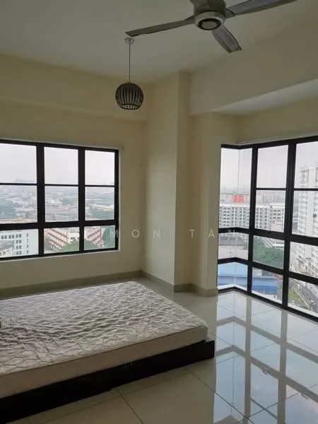 Bedroom features: floor-to-ceiling windows, city view, queen-size bed, ceiling fan, light fixture, cream painted walls, glossy tile flooring, built-in wardrobe; style: modern; view: city.