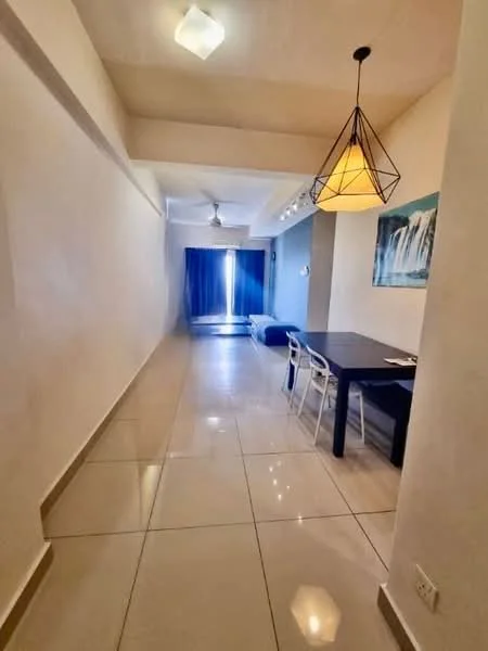 Room features: white painted walls, glossy tile flooring, ceiling light fixture, 5-blade ceiling fan, large sliding glass door, dark blue sofa, dining table with chairs, decorative wall art; style: modern.