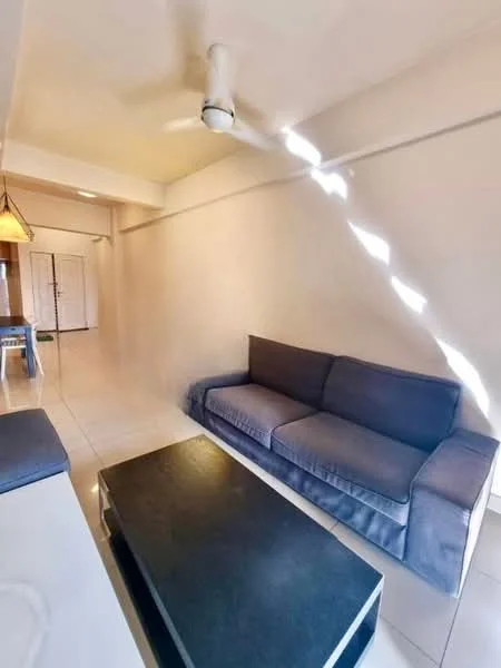 Living features: 3-seater fabric sofa in grey, black coffee table, white walls, tile flooring, ceiling fan, natural light from window, open layout, neutral decor; style: modern.