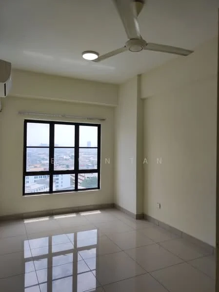 Room features: cream painted walls, floor-to-ceiling windows, 5-blade ceiling fan, tile flooring, air conditioning unit, city view; style: modern; view: city.