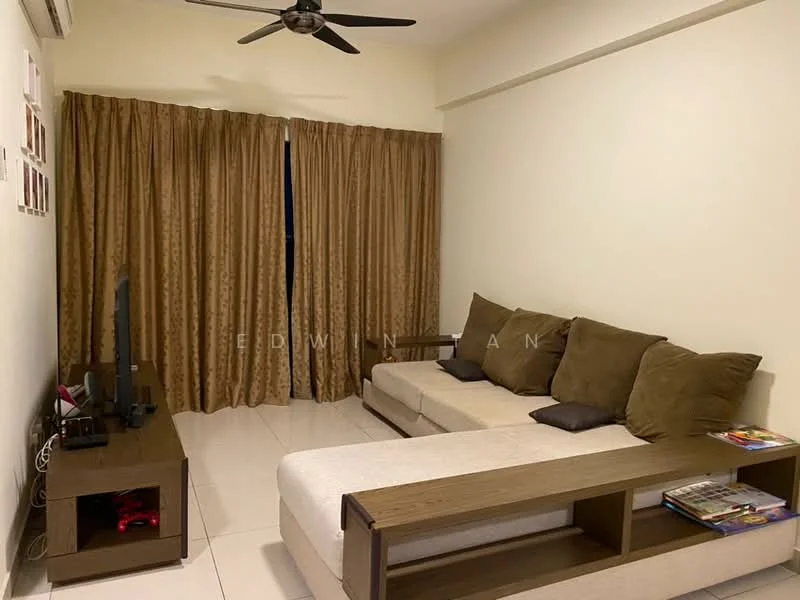 Living features: cream painted walls, white tiled flooring, 5-blade ceiling fan, L-shape sectional sofa in beige, brown throw pillows, wooden TV console, wall-mounted TV, decorative magazines on console, curtains in light brown, natural light from window; style: modern.