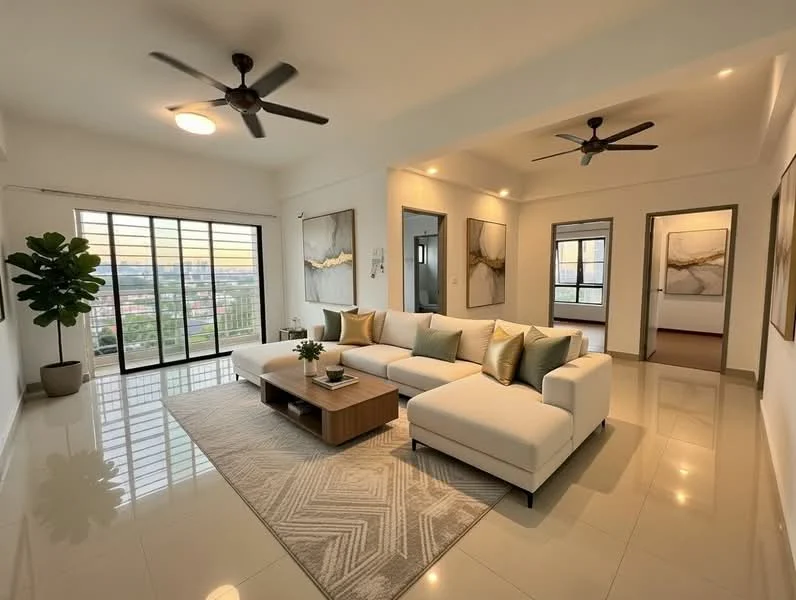 Living features: L-shape sectional sofa in white fabric, decorative cushions in gold and cream, coffee table in wood, area rug with geometric pattern, 5-blade ceiling fan with light, floor-to-ceiling windows, sliding glass door, white painted walls, polished ceramic tile flooring, decorative wall art, indoor plant in ceramic pot, recessed downlights; style: modern; view: city. Room features: white painted walls, polished ceramic tile flooring, 5-blade ceiling fan.