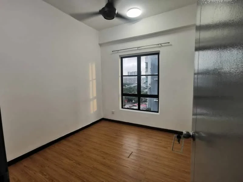 Bedroom features: white painted walls, laminate flooring, ceiling fan, window with black frame, curtain rod, city view, light fixture, door with handle; style: modern; view: city.