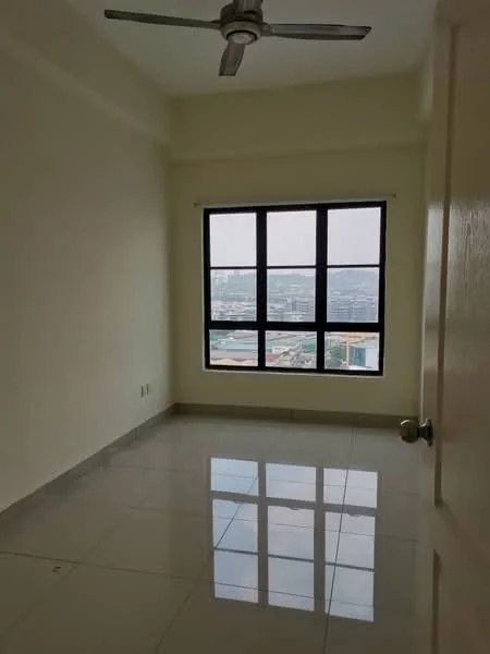 Bedroom features: light grey painted walls, glossy ceramic tile flooring, 5-blade ceiling fan, floor-to-ceiling windows, black window frames, city view, neutral color scheme, no visible furniture; style: modern; view: city.