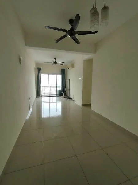 Living features: cream painted walls, polished ceramic tile flooring, 5-blade ceiling fan, recessed downlights, floor-to-ceiling windows, sliding glass door, curtains, air conditioning unit; style: modern; view: city.
