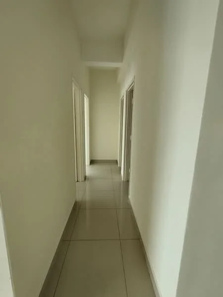 Hallway features: white painted walls, glossy ceramic tile flooring, recessed ceiling lights, door frames, neutral color scheme; style: modern.