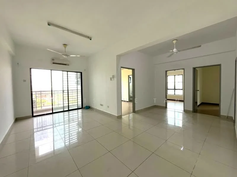 Living features: white painted walls, polished ceramic tile flooring, 5-blade ceiling fan, 2 wall-mounted split AC units, floor-to-ceiling sliding glass door, balcony access, large windows, neutral color scheme; style: modern; view: city. Room features: white painted walls, polished ceramic tile flooring, 5-blade ceiling fan, doorway leading to another room.