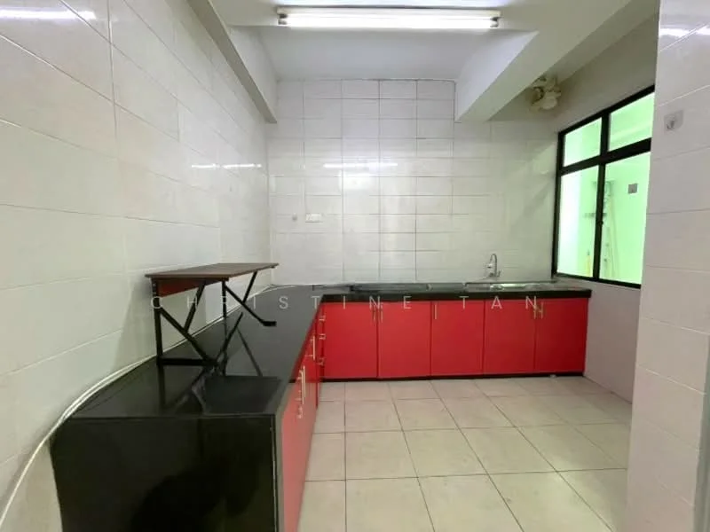 Kitchen features: red cabinetry, black countertop, stainless-steel sink, single-bowl sink, wall-mounted faucet, white tiled walls, ceramic tile flooring, fluorescent ceiling lights, window for natural light, open layout; style: modern.